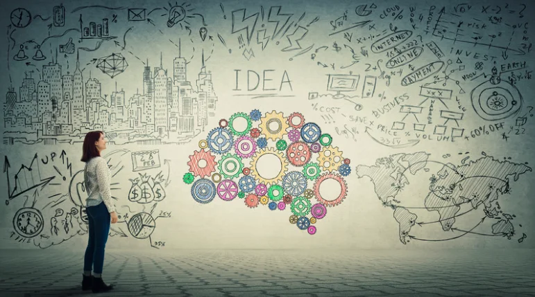 A person facing a wall of illustrated ideas